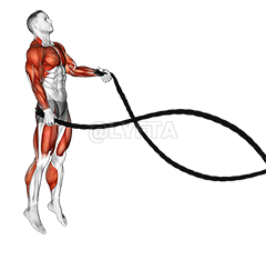 Thumbnail for the video of exercise: Battling Ropes Alternate Arms Jump Squat
