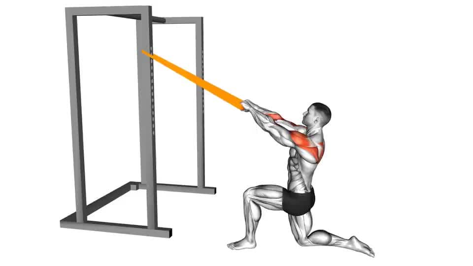 Thumbnail for the video of exercise: የመቋቋም ባንድ ግማሽ ተንበርክኮ ፊት ጎትት።