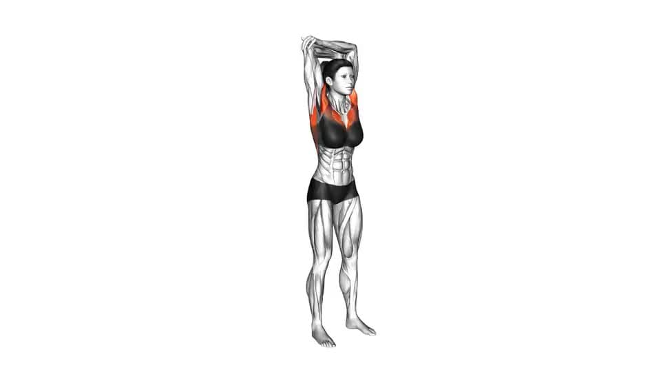 Thumbnail for the video of exercise: Standing reach up back rotation stretch