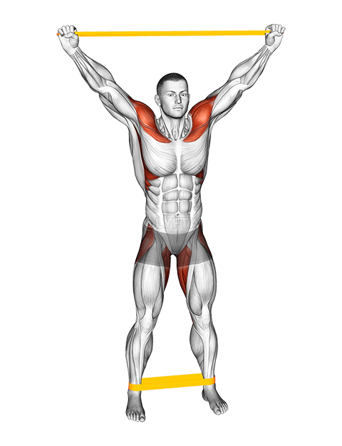 Thumbnail for the video of exercise: ৰেজিষ্টেন্স বেণ্ড ষ্টেণ্ডিং অভাৰহেড ৱাৰ্মিং-আপ