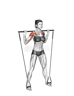 Thumbnail for the video of exercise: Bar Band Standing Behind Head Military Press